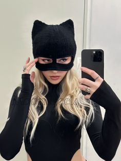 Ski Mask Costume, Cat Ski Mask, Cyberpunk Christmas, Cat Cyberpunk, Catwoman Mask, Beanie With Ears, Crochet Cat Hat, Cat Eared Beanie, Cat Beanie