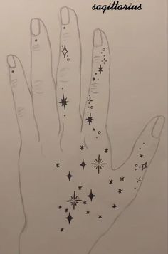 a hand with stars on it and the words sagittrius written in black ink