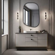 a bathroom with a large round mirror above the sink