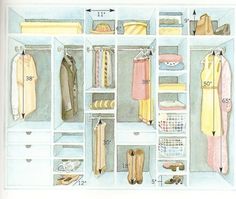 an illustration of a closet with clothes and shoes