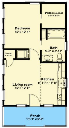 a floor plan for a small house with an attached bathroom and living room, including the kitchen