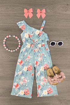 Light Blue One Shoulder Floral Jumpsuit - Sparkle in Pink Children Jumpsuit Styles, Children Jumpsuit, Girls Clothes Sewing, Baby Clothes Country, Cold Shoulder Jumpsuit, 2024 Aesthetic, Sparkle In Pink, Dresses Spring, Designer Jumpsuits