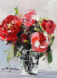 a painting of red roses in a vase