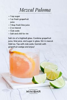 a recipe for mexican paloma cocktail with limes on the side