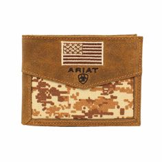 Ariat Bi-Fold Wallet in Brown Digital Camo A3536844 (701340601543) Flag Bi, Bifold Wallet Men, Cash Organizer, Unique Wallets, Checkbook Wallet, Digital Camo, Fold Wallet, Top Grain Leather, Medium Brown