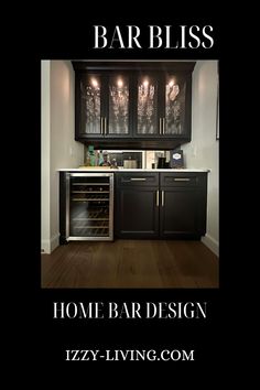 an advertisement for a home bar design with wine glasses in the cabinet and on the counter