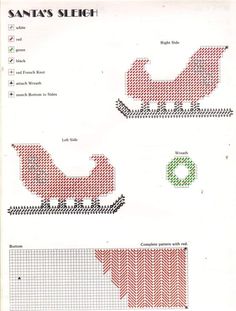 the cross stitch pattern for santa's sleigh is shown in red and green