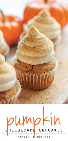 pumpkin cheesecake cupcakes on a cutting board with the title pumpkin cheesecake cupcakes