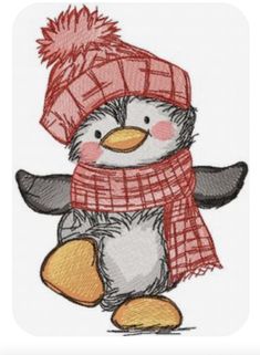 a small penguin wearing a red hat and scarf