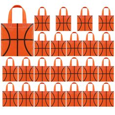 an orange bag with basketballs on it is shown in the middle of several rows