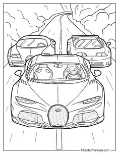 the bugatti car is driving down the road with another one behind it coloring page