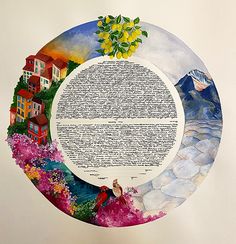 a paper collage with an image of a town and flowers on it, in the middle of a circle