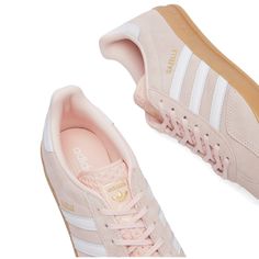 Adidas Gazelle Indoor W Sandy Pink, White & Gum | END. (US) Preppy Adidas Shoes, Light Pink Sambas, Gazzele Adidas, Things To Buy Clothes, Adidas Gazelle Colors, Pink Adidas Samba, Gazzeleadidas Outfit, Adidas Pink Gazelle, Lululemon Outfit Pink