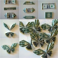 several dollar bills are arranged in the shape of leaves