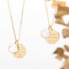 Create something special with our Personalized Hammered Disc &amp; Gemstone Necklace. Choose a semi-precious gemstone and add hand-engraving on the reverse.Please note that there may be slight variations between each gemstone due to its origins.18K Champagne Gold Plated, 925 Sterling Silver or 18K Rose Gold PlatedLarge Hammered Disc charm: 0.8”x 0.8”Gemstone: 0.5”x 0.5”Learn more about each stone with our Stone GuideSecure clasp fasteningCharms are removable from this chain and can be worn o Engraved Moonstone Round Jewelry, Engraved Round Moonstone Jewelry, Round Engraved Moonstone Jewelry, Moonstone Necklaces With Natural Stones For Gifts, Moonstone Necklace With Natural Stones For Gift, Engraved Moonstone Necklace For Spiritual Style, Spiritual Engraved Moonstone Necklaces, Moonstone Birthstone Pendant Necklaces, Spiritual Engraved Moonstone Necklace