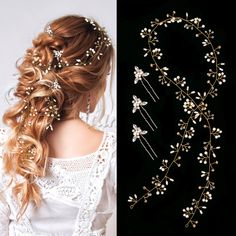 a woman with long hair wearing a white dress and gold headpieces on her head