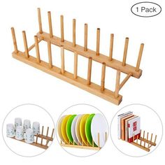 a wooden rack with plates and cups on it next to four different types of coasters