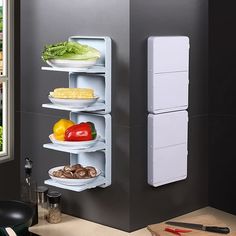 an image of a kitchen setting with food on the shelves and vegetables in the middle