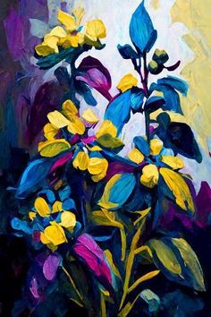 a painting of yellow flowers on a purple background