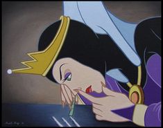 a painting of snow white holding a knife and looking at something in her hand while wearing a tiara