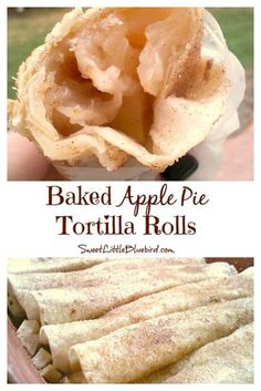 baked apple pie tortilla rolls in a bowl with text overlay that reads baked apple pie tortilla rolls