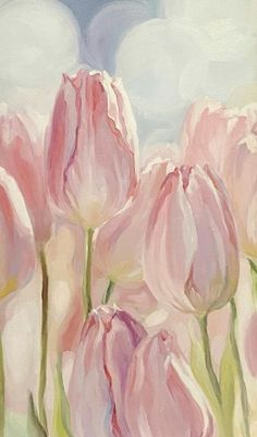 a painting of pink tulips in a field