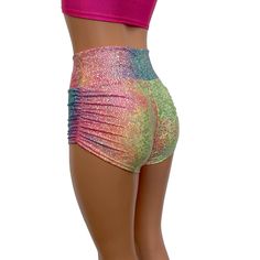 Sexier and more flattering! Our classic booty shorts made in rainbow avatar holographic spandex with ruching on each side. Made to flatter your figure and move with you. The standard inseam is 2.5" - but can be customized. Choose between low-rise, mid-rise and high-waist (high-waist shown in photos). Rave Clothing, Dance Shorts, High Waist Shorts, Roller Derby, Bell Bottom Pants, Pole Dance, Rave Outfits, Crushed Velvet, Different Fabrics