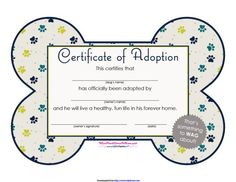 a certificate is shown with blue and yellow paw prints on the border, along with a white background