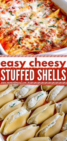 an easy cheesy stuffed shells recipe in a casserole dish with text overlay