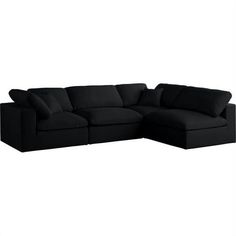 No matter how big or little the size of your gang, they can all find their sweet spot when you choose pieces from the Plush collection to build your ideal seating group. Choose this individual Plush piece or pair multiple pieces together to get the custom look everyone will love. The soft black velvet material is soft and welcoming to the touch, and the set's cushions are overstuffed with a down and feather blend to provide ample support for tired bodies. Features: Soft Black Velvet Overstuffed Transitional Sectional Sofas, Black Sectional, Black Couches, Condo Ideas, Black Ottoman, Meridian Furniture, Modular Sectional Sofa, Black Sofa, Sectional Sofas