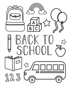 back to school coloring pages with cars, balloons and backpacks on white background stock photo