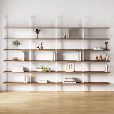 an empty room with bookshelves and plants on the shelves in front of it