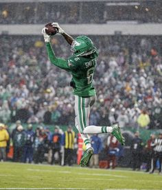 a football player jumping in the air to catch a ball while people watch from the stands