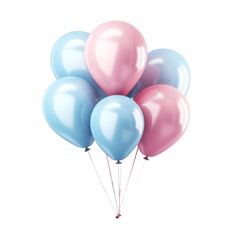 a bunch of blue and pink balloons floating in the air on a white background with clippings