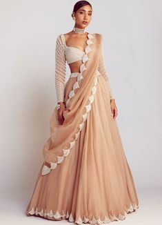 Beige Lehenga Set With Full Sleeved Pearl Embellished Blouse Vvani By Vani Vats - Fabilicious Fashion Beige Lehenga, Sweetheart Blouse, Vani Vats, Simple Lehenga, Trendy Outfits Indian, Organza Lehenga, Indian Outfits Lehenga, Lehenga Designs Simple, Pearl Chandelier