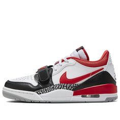 The Jordan Legacy 312 Low 'Black Toe' is a stylish sneaker that combines iconic details from the Air Jordan 1, Air Jordan 3, and Nike Air Alpha Force Low. This classic silhouette is perfect for everyday wear, with a white upper, Fire Red, Black, and Wolf Grey accents, and a rubber sole. Inspired by Don C's hometown of Chicago, the 312 pays homage to the city's area code. This sneaker is perfect for those who want to make a statement with their style. (SNKR/Retro/Men's/Mid Top/Basketball/Chicago Casual Jordan Shoes With Boost Midsole For Streetwear, Casual Jordan Shoes With Cushioned Footbed For Streetwear, Casual Jordan Shoes With White Sole For Streetwear, Casual Low-top Jordan Shoes With Speckled Midsole, Low-top Jordan Shoes With White Sole For Streetwear, Urban Jordan Mid-top Shoes With Rubber Sole, Urban Basketball Shoes With Speckled Midsole, Urban Mid-top Jordan Shoes With Rubber Sole, Casual Jordan Shoes For Light Sports With Contrast Sole