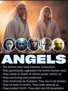 an advertisement for the movie angels, featuring four avatars in white robes and two men with