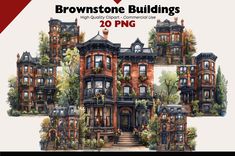 the brownstone buildings are painted in watercolor