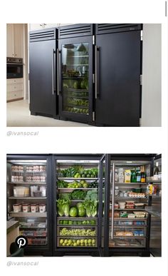 two refrigerators that are open and filled with different types of food in the same room