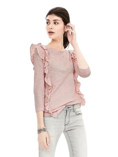 Ruffle Inset Top - d Frilly Top, Top Med, Pink Ruffle, T Shirt And Jeans, High Neckline, Pink Tops, Three Quarter, Casual Chic, Women Clothes Sale