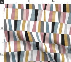 an image of a fabric with different colors and patterns on it's side, as well as measurements