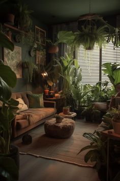 a living room filled with lots of plants and potted plants on the windowsill