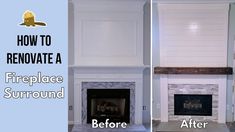 before and after pictures of a fireplace with white paint on the mantel, showing how to renovate a fireplace surround