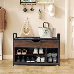 a shoe rack with shoes and bags on it