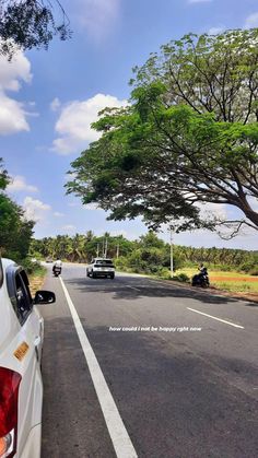 two cars are parked on the side of the road with trees in the back ground