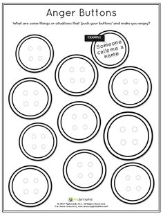 the printable worksheet for anger buttons is shown in black and white, which includes