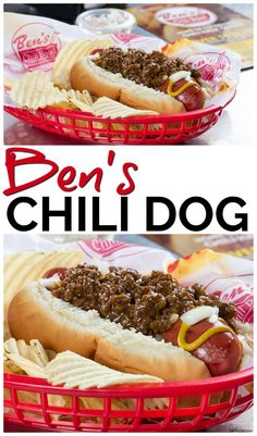 two baskets filled with hot dogs and chips on top of each other in front of the words den's chili dog