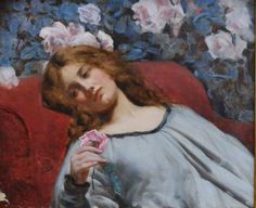 a painting of a woman sitting on a red couch holding a rose in her hand