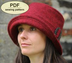 a woman wearing a red hat with a speech bubble above her head that says sewing pattern