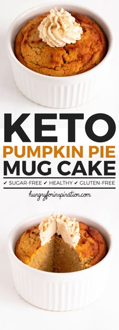 keto pumpkin pie mug cake with whipped cream on top and in a white dish